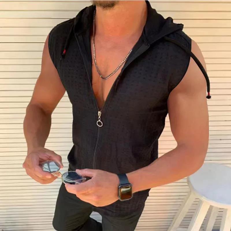 2026 sleeveless hooded zipper cardigan T-shirt for men's summer new fashion plaid sleeveless T-shirt for men's lapel top