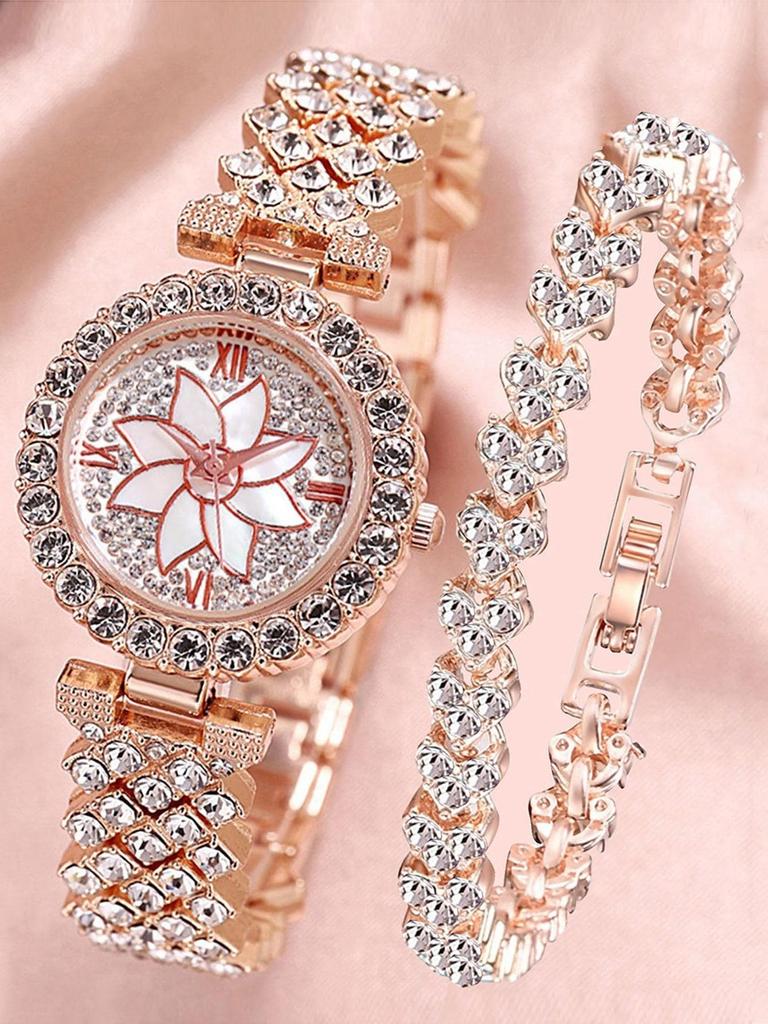 1pc Rhinestone Decor Quartz Watch & 1pc Bracelet