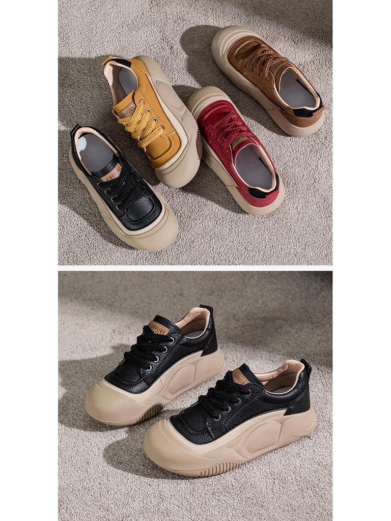 Women's Retro Leather Sneakers: Spring Thick-Soled Lace-Up Flats, Versatile Casual Sport Shoes with Soft Sole