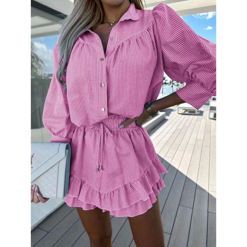 

Casual Striped Shirt and Short Skirt Set Casual Stripes Shirt Skirt Outfit pink TZ202 XXL