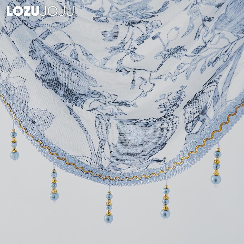 1 pieza LOZUJOJU Retro de alta gama con borde de encaje de cuentas, cabezal de cortina transparente estampada para decoración de ventanas de cocina, dormitorio, sala de estar