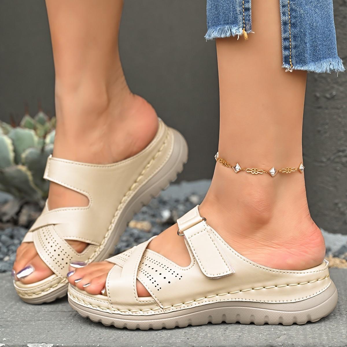 New summer wedge heel large size cool slippers thick bottom round head one-word 36
