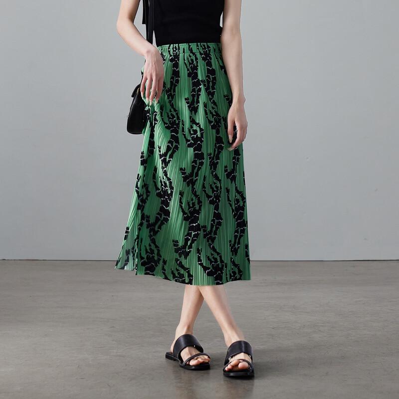SOFSIL 2026 Summer Printed Green Pleated A-Line Skirt
