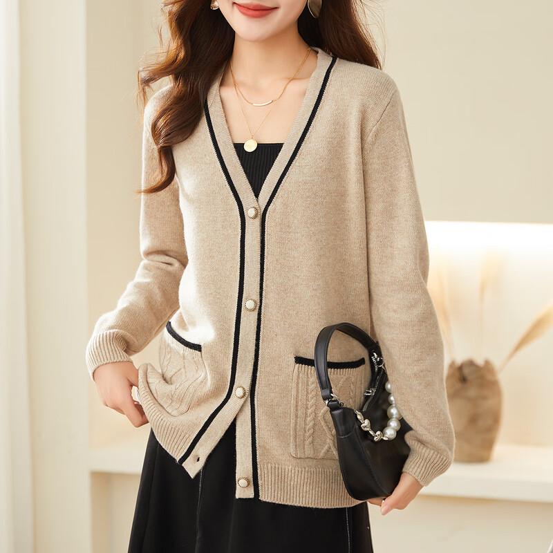 

TUHUANG Women s Pure Wool Color-block V-neck Cardigan Sweater L