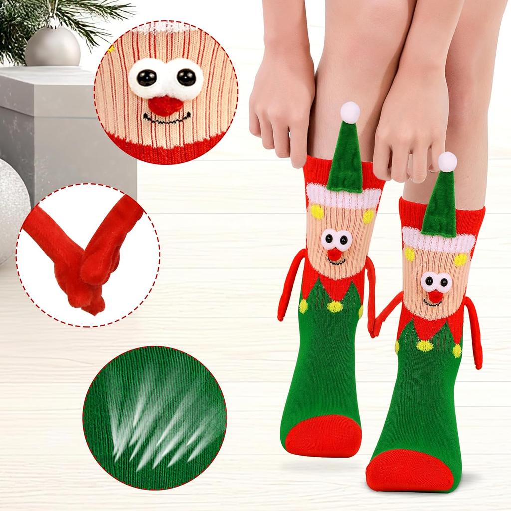4 Pairs Funny Christmas Socks Magnetic Hand Holding Stocking Stuffers for Women Men Couples, White Elephant Exchange Gifts, Xmas Secret Santa Gag