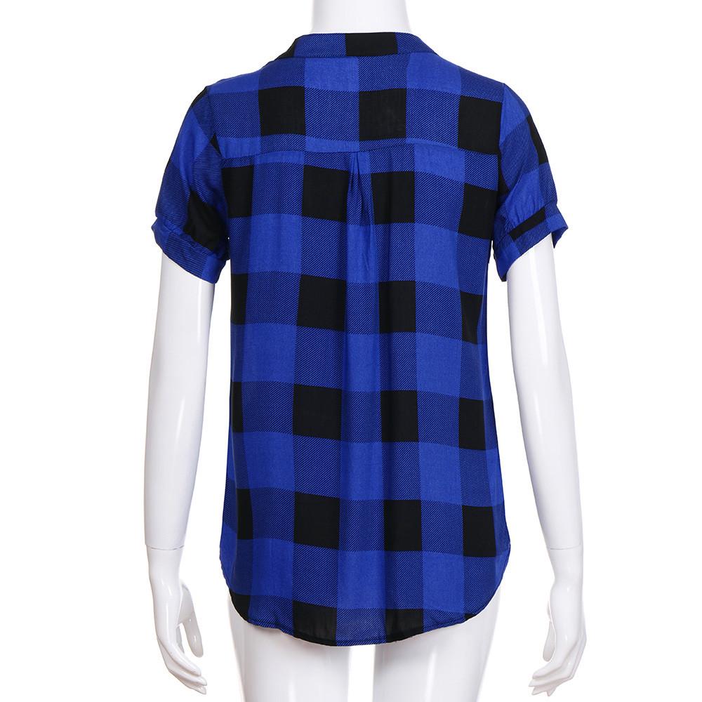 Frauen Casual Plaid Gedruckt Kurzarm V-ausschnitt Unregelmäßigen Saum Bluse T-Shirt Tops
