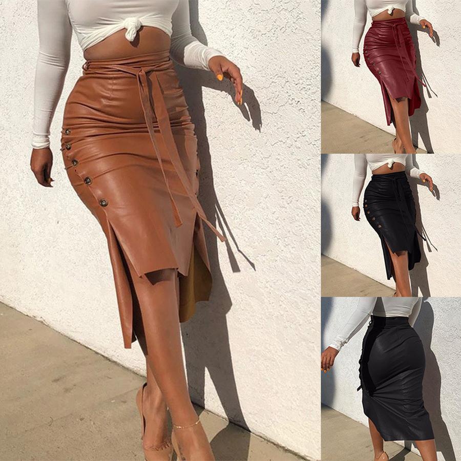 Overstock Leather Pu Skirt Women's Hot Sale O-Neck Slim Fit Mid-Length Bodycon Half-Body PU Skirt Drop Shipping