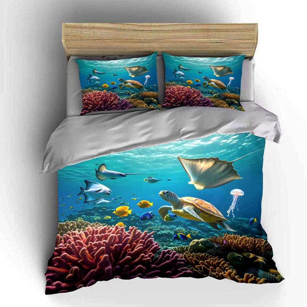Underwater Colorful Creatures And Corals Printed Duvet Cover Set1 Duvet Cover+2 Pillowcasemulti Size Bedroom Bedding Decor