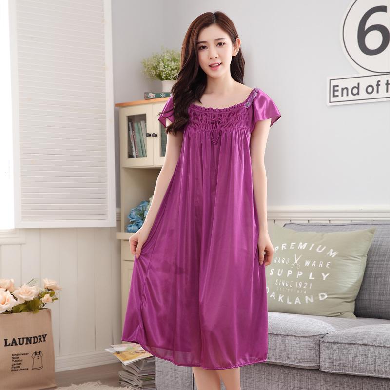 Womens Summer Lace Ice Silk Long Nightdress Short Sleeve Loose Plus Size Nightgown Solid Color Sleepshirt Home Clothing