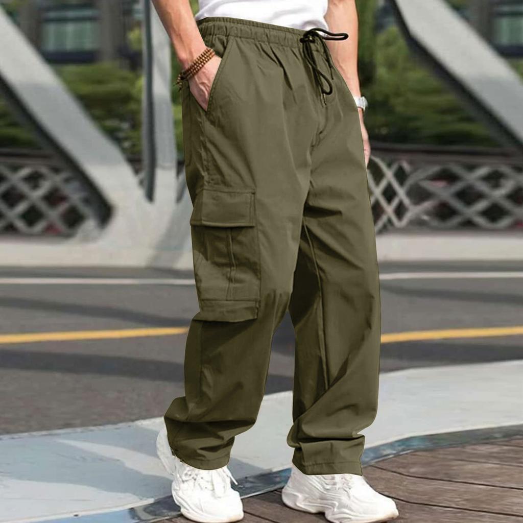 Men's Drawstring Multi Pocket Work Pants Loose Straight Leg Casual Pants