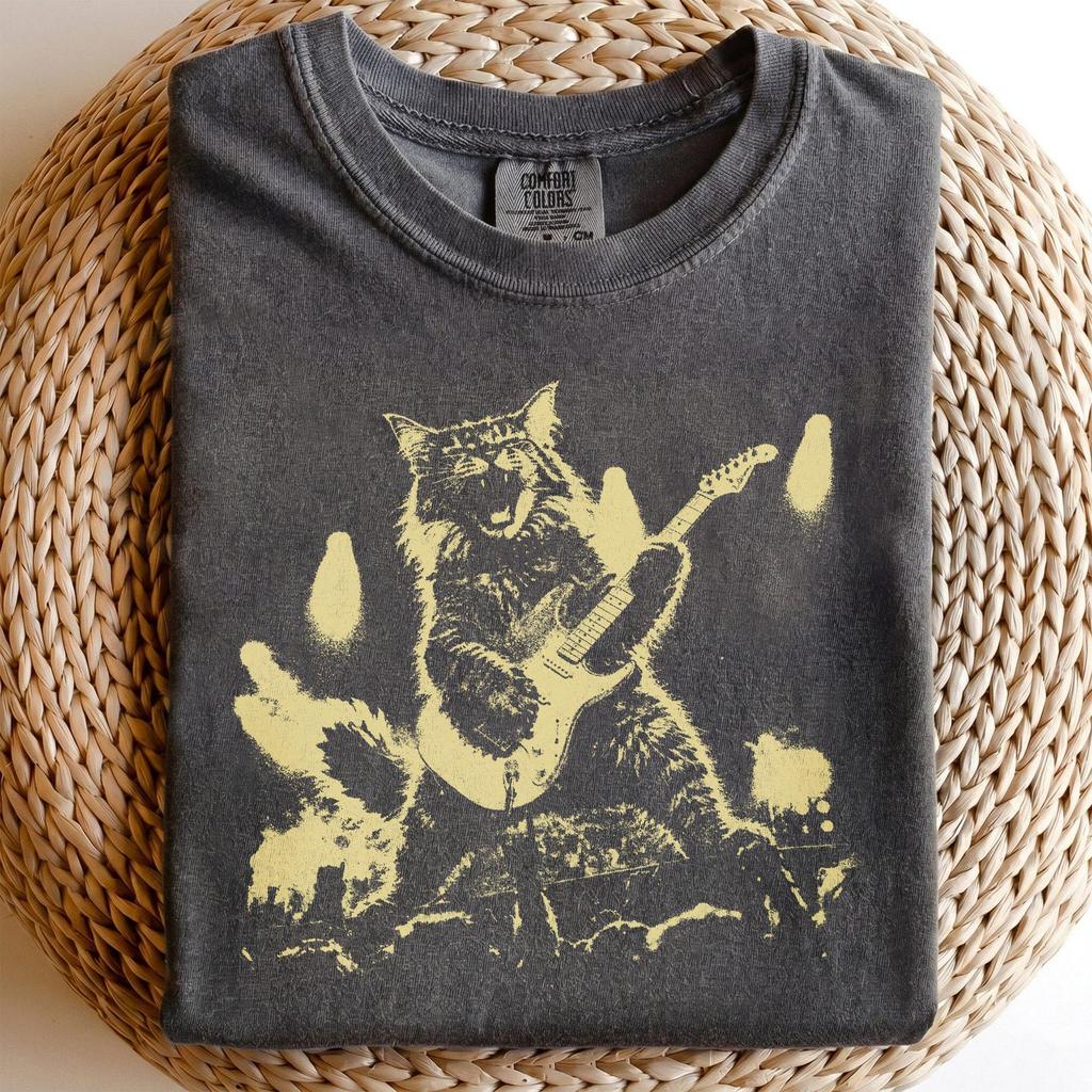 Cat Rock Band Tee, Distressed Guitar Player Shirt and kids tshirt, Music Lover Concert T-Shirt and kids tshirt