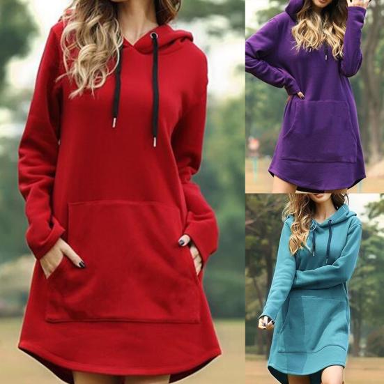 Plus Size Women Casual Long Sleeve Pocket Drawstring Loose Hoodie Mini Dress