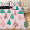 3Pcs Christmas Tree & Star Duvet Cover Set - Pink Green Polka Dot Bedding With Zipper Closure Soft Polyester All-Season Bedding