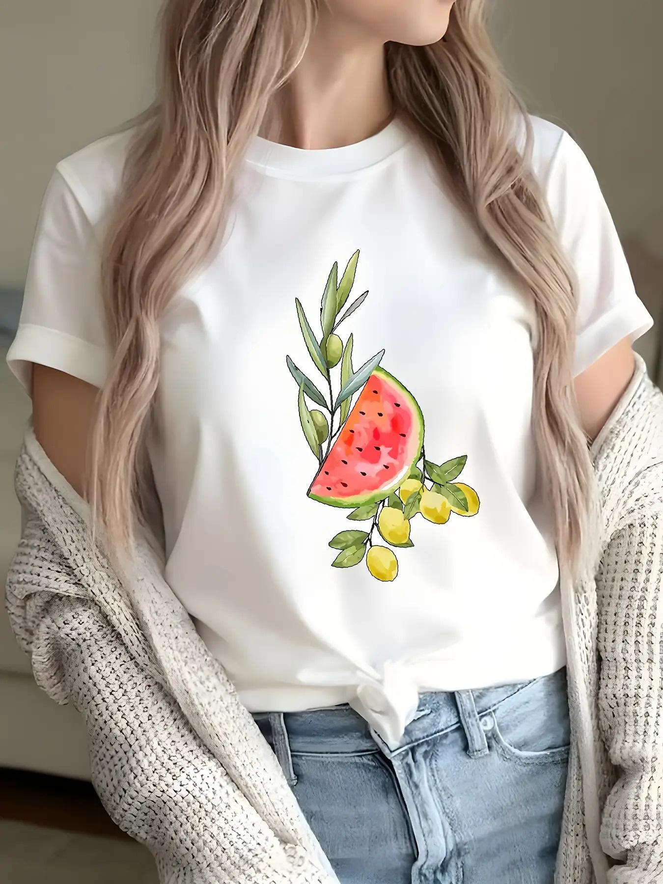 Women s T-shirt Breathable top with round collarlindas watermelon leaves Unisexga Harajuku casual clothes aesthetic clothes S