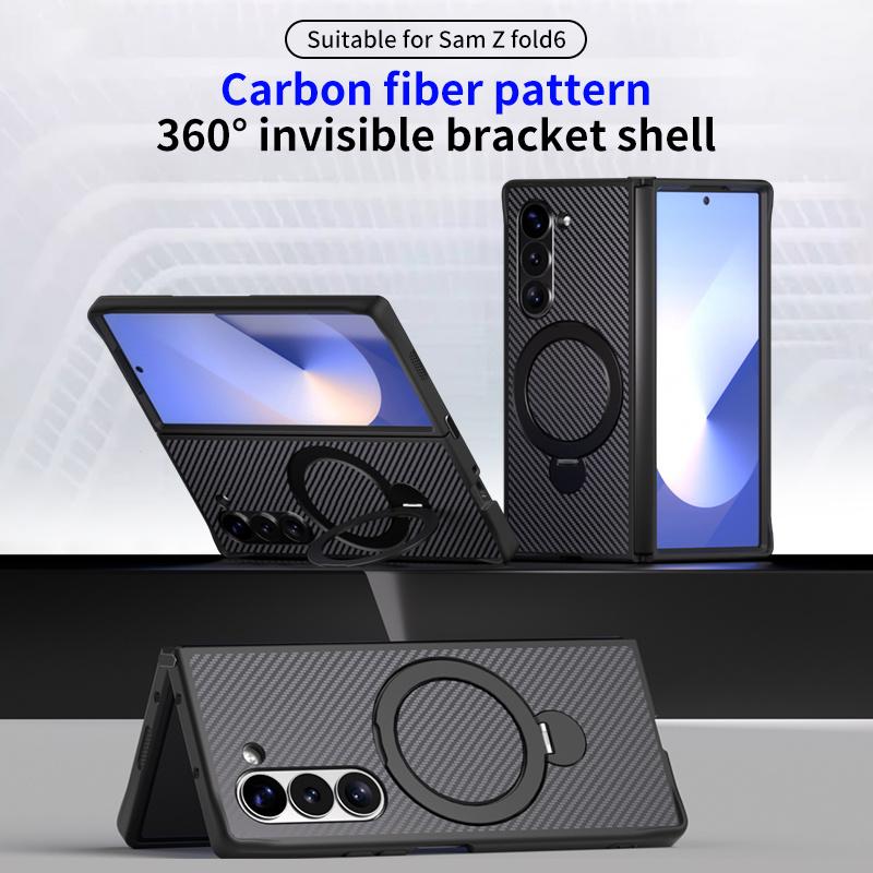 Luxury Carbon Fiber Texture MagSafe Case for Samsung Galaxy Z Fold 6 5 4 3 5G 360 ° Rotating Bracket Shockproof Protective Cover