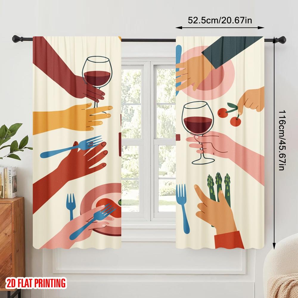 2pcs 2D flat printing Window Treatment Curtains LET'S EAT PEOPLE FOOD Polyester Fabric Without Electricity Festive Holiday Use