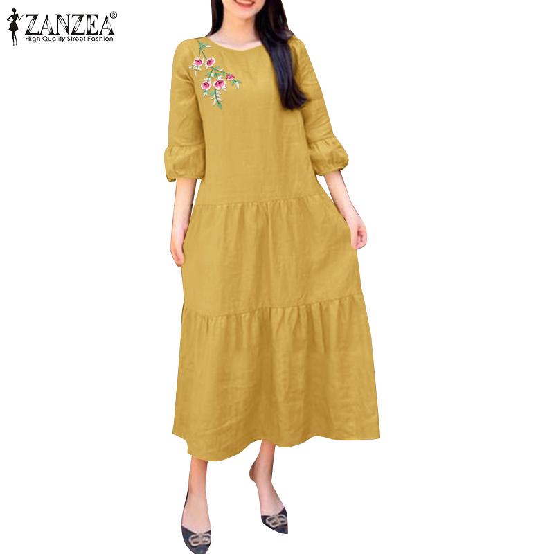 

ZANZEA Женское летнее свободное хлопковое платье с цветочной вышивкой и рукавами 3/4