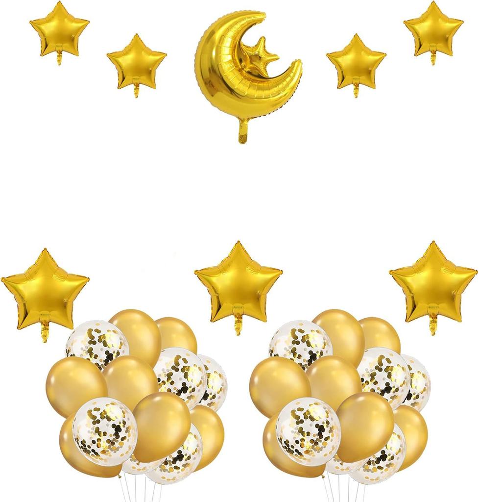 Eid Mubarak Moon and Star Foil Balloons with Latex Balloons Ramadan Theme Party Backdrop Decor Set for Indoor and Outdoor Use