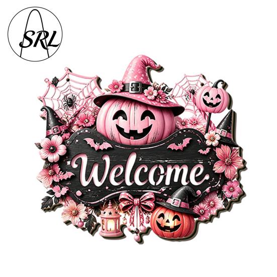 Holiday Door Sign for Store Entry Halloween Pumpkin Ghost Wooden Welcome Hanger Sign, Cute Wall Ornament with Bell Party Hanging Rope, Decor