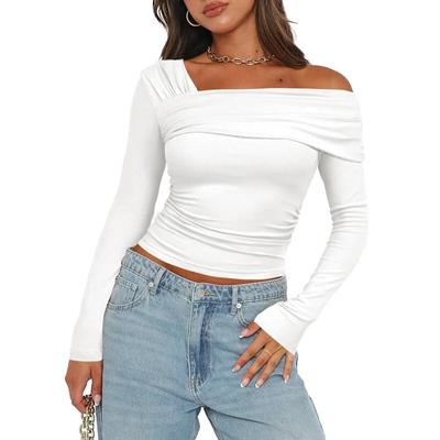 Mode 2024 Slim Fit Frauen Weißes T-shirt Solide Langarm Plissee Tops T-shirt Für Frauen Herbst Skew Kragen T Shirts 30613