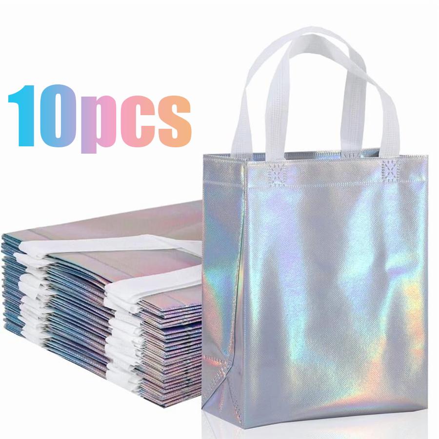 10pcs Holographic Non-Woven Gift Tote Bags with Handles, Iridescent Shiny Reusable Shopping Handbags, Portable Carry Pouches XJM