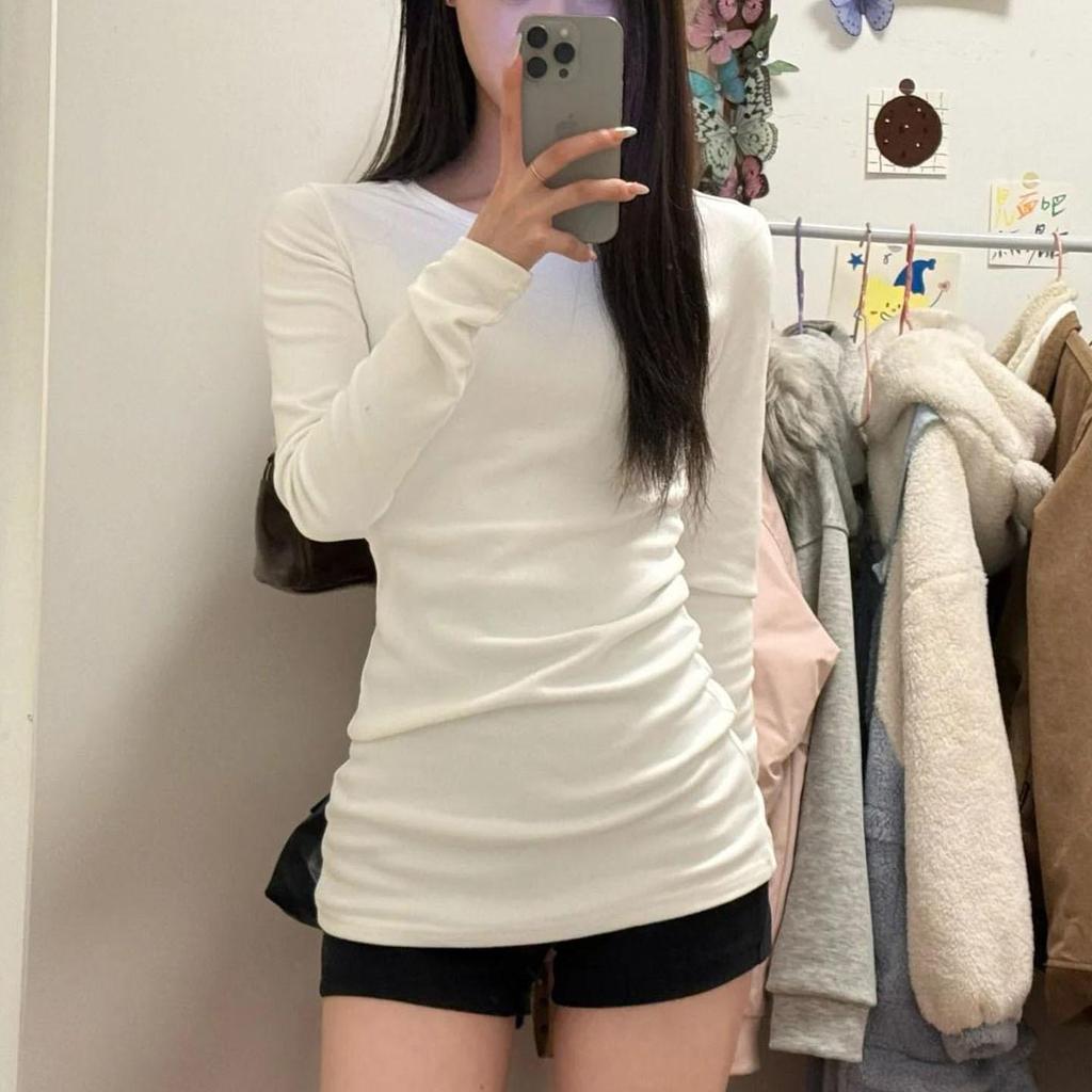 Women's White Mid-Length Long-Sleeve Slim-Fit Cotton Base Layer T-shirt, 2025 New Autumn/Winter Style
