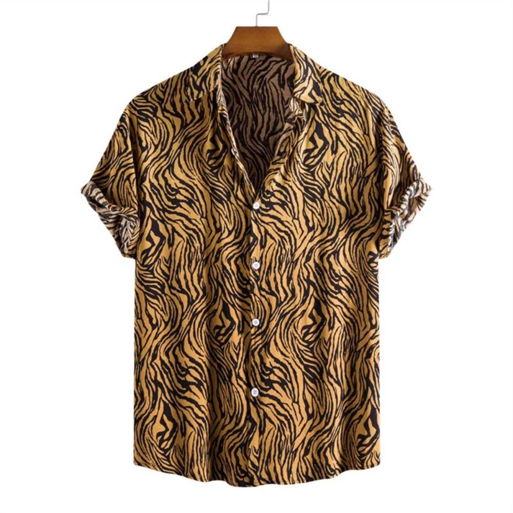 Men's 3D printed leopard print shirt, summer casual fashion, Hawaiian short sleeved beach shirt, shirt with lapel and personalized Aloha buttons