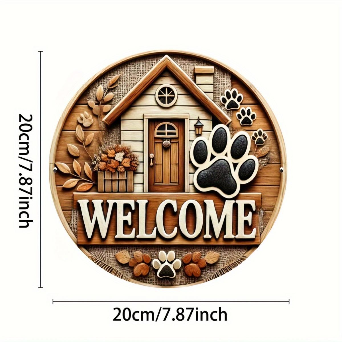 

Милый отпечаток лапы щенка и дизайн дома, железный приветственный знак, настенный декор 8x8 дюймов, круглая металлическая картина для гостиной, спальни, офиса чёрный