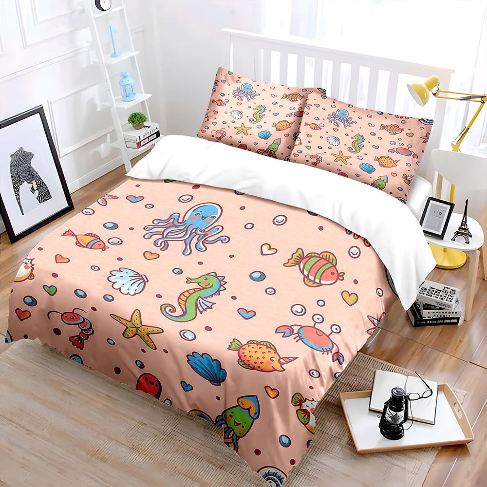 Seahorse and Octopus Marine Elements Pattern Duvet Cover Set Digital Print Polyester Bedding with Zipper Closur for Kids Gifts