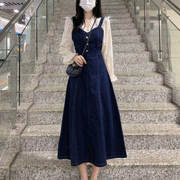 2026 Spring & Autumn French-Style Lace Denim Strappy Dress Set for Women S: Under 47.5 kg
