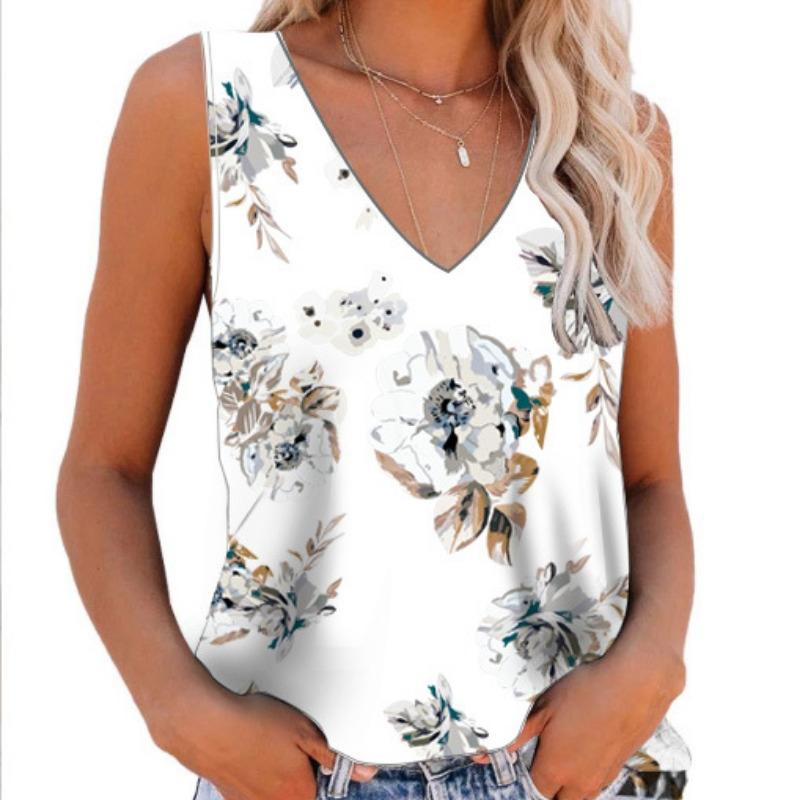 Printed V-neck Sleeveless Plus Size Women Shirt Summer New Fashion Floral Elegant Blouse Women Vintage Casual Office Lady Shirts Tops 24049