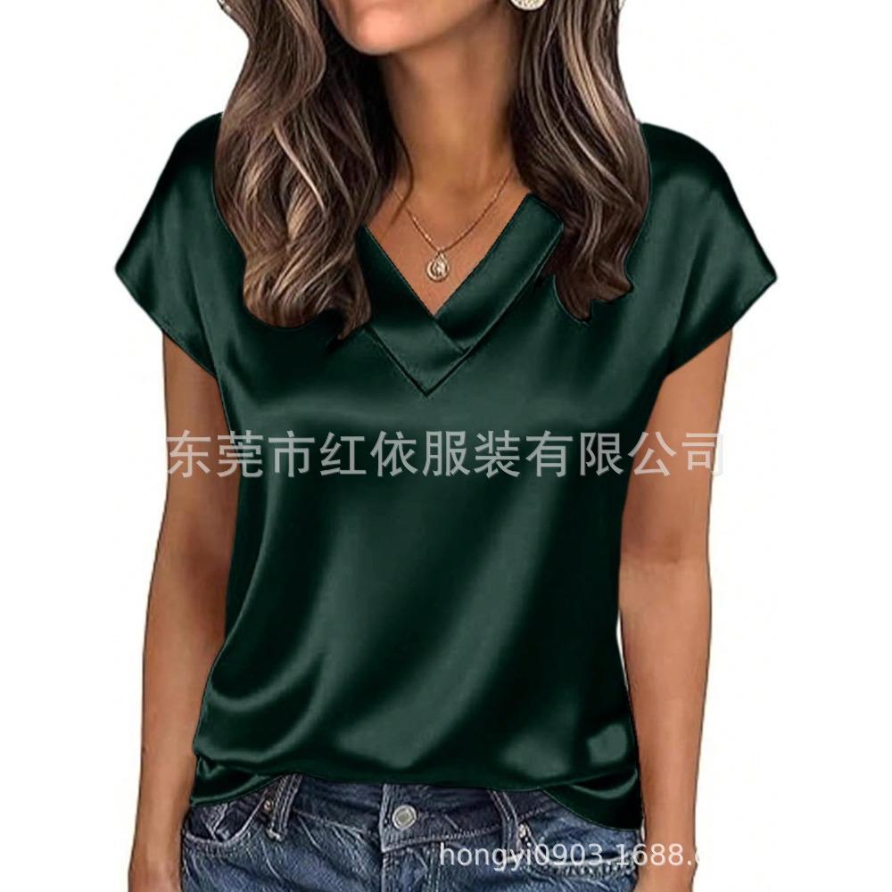 21-Color Women's Satin T-shirt Spring and Summer European and American Women's Clothing New V-neck Satin Casual Top Women