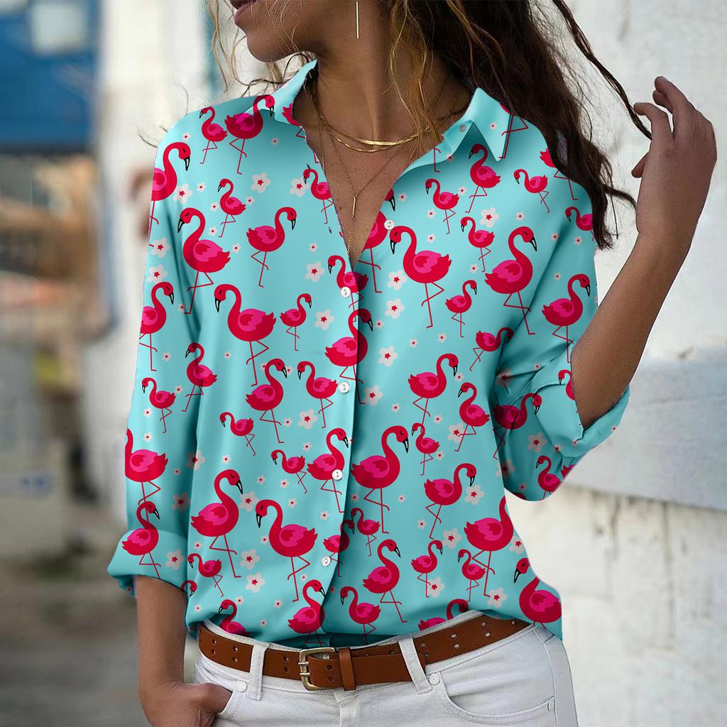 Red-crowned Crane Print Women Blouse Spring Autumn Femme Office Lady Button Up Turn Down Collar Shirts