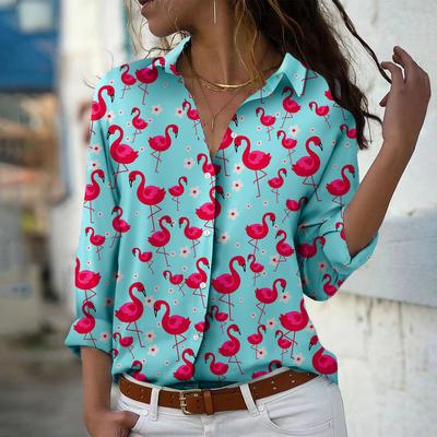 Roodgekroonde Kraanvogel Print Dames Blouse Lente Herfst Femme Kantoor Dame Knopen Omhoog Omgeslagen Kraag Overhemden
