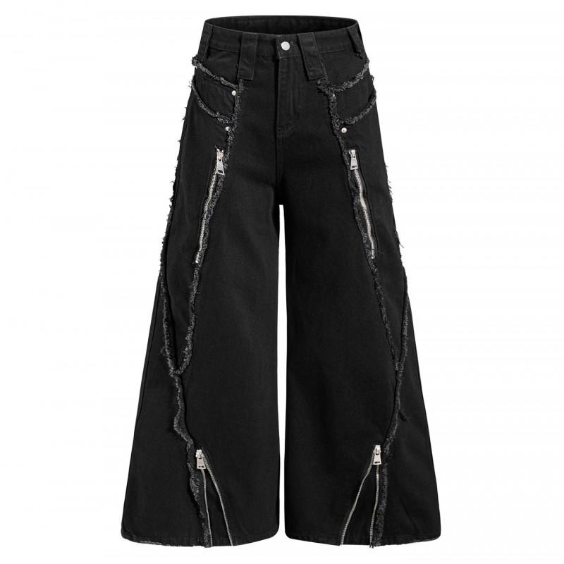 American High Street Heavy Duty Raw Edge Zip Flared Jeans Unisex Loose Straight Leg Denim Pants