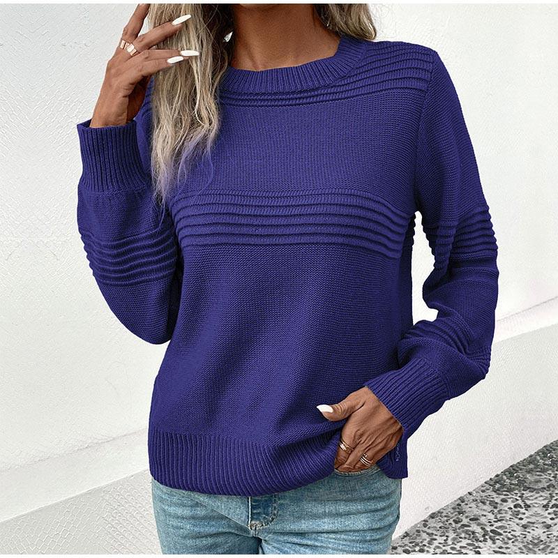 Autumn Casual Top Multi-Color Crew Neck Long Sleeve Jacquard Solid Color Women Sweater