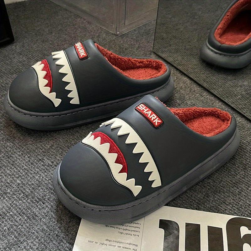 Men's & Women's Winter Fleece-Lined Slip-On Slippers with Cartoon Shark Design - High Quality Non-Slip EVA Sole, Thickened Warm PU Upper for Indoor