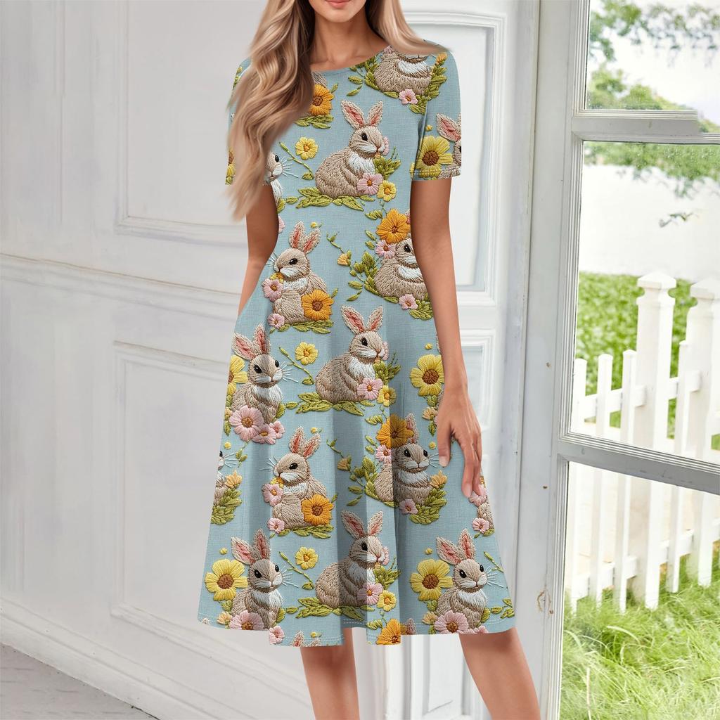 Robe mi-longue imprimée à manches courtes et col rond pour femme, ample, décontractée et tendance