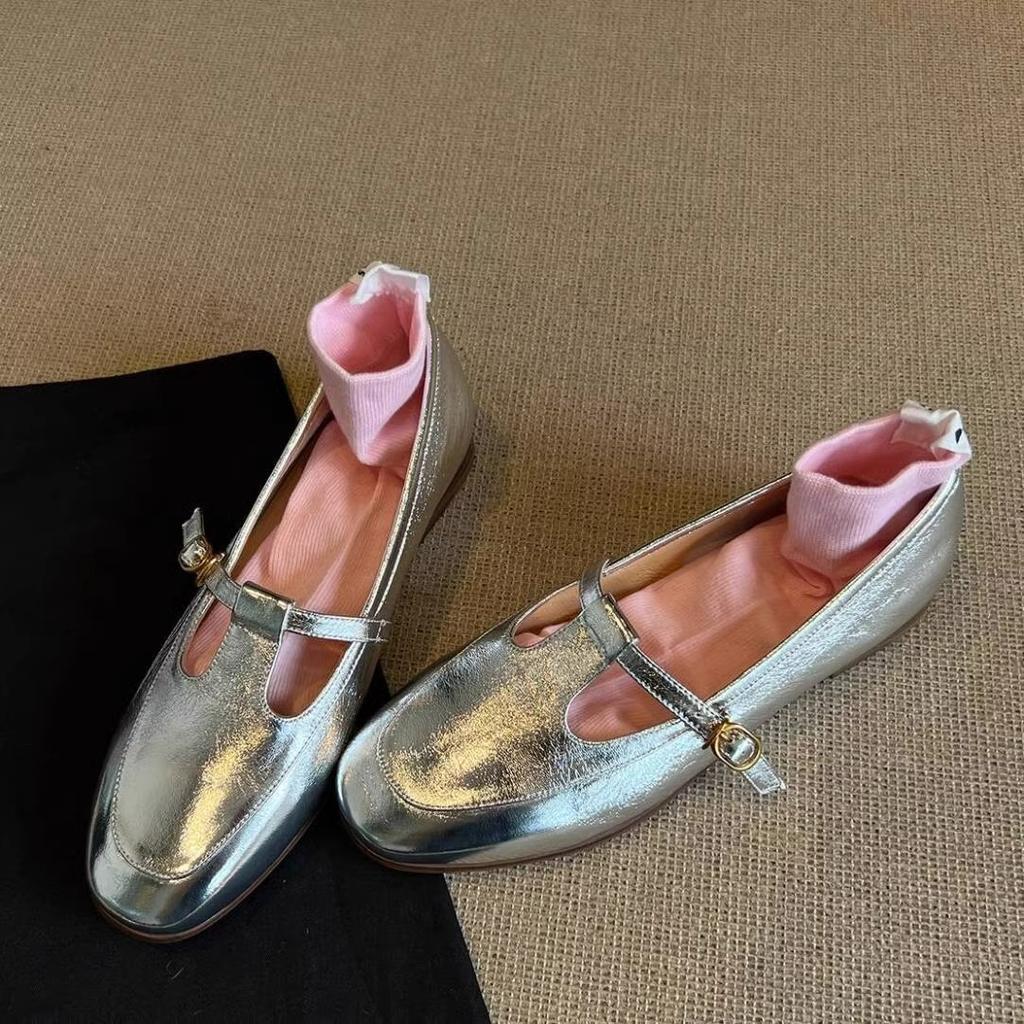 Sheepskin Version! Pink Single Shoes Women's French Round Head Light Mouth T-buckle with Skirt Flat Bottom Mary Jane Small Leather Shoes