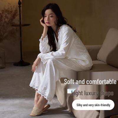 Damen Weißes Spitzen-Pyjama-Set: Langarm aus Eis seide für Frühling, Sommer und Herbst - Perfekt für Zuhause oder klimatisierte Räume.