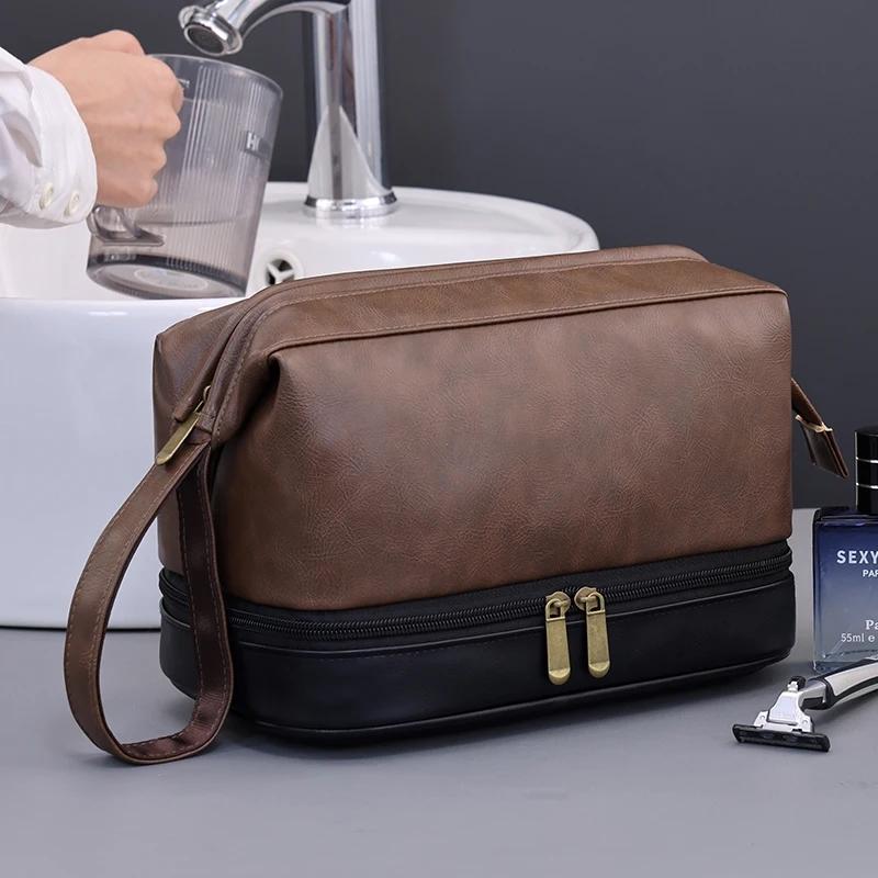

Retro Men Travel Washing Bathroom Shaving Tools Toiletry Bag Business Makeup Pouch Storage Bag Double Layer Women Cosmetic Bag кавовий