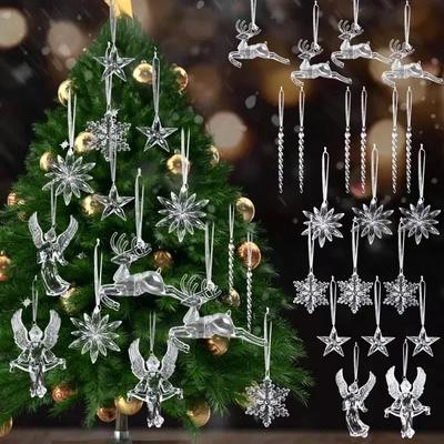 Clear Acrylic Christmas Snowflake Ornaments Xmas Tree Hanging Pendants Star Icicle Deer Winter Wonderland Party Crystal Decor