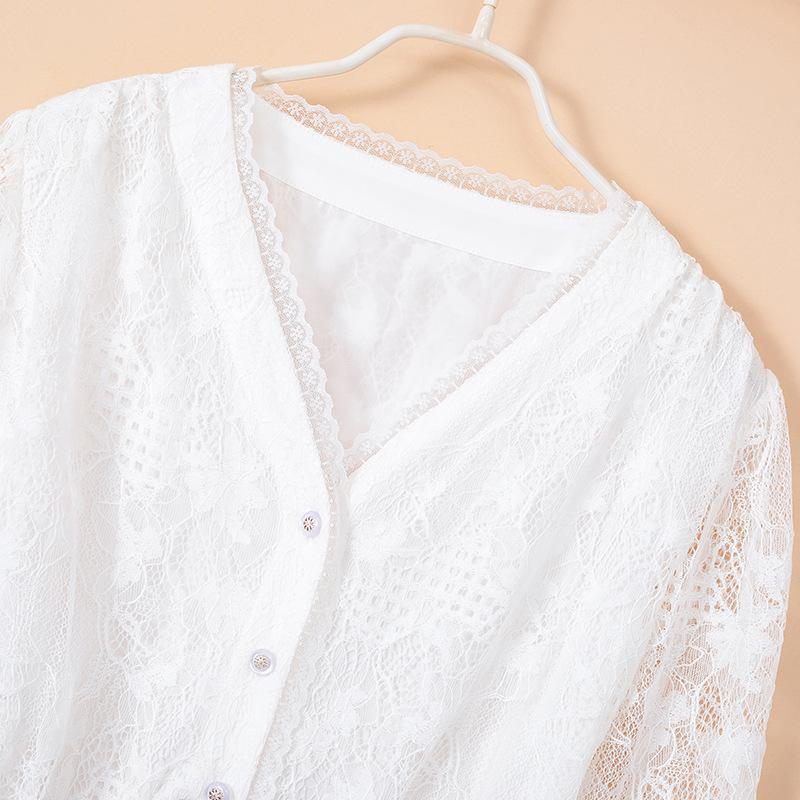 Sukienka damska plus size jesień 2023 francuska biała koronkowa sukienka z rękawami 3/4, długość midi