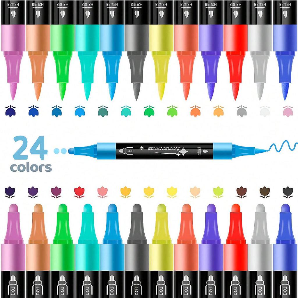 24-Color Acrylic Paint Markers Set – Dual Tips (Brush & Dot) – Non-Bleeding, No Smear Ink – Perfect for Rock, Wood, Canvas