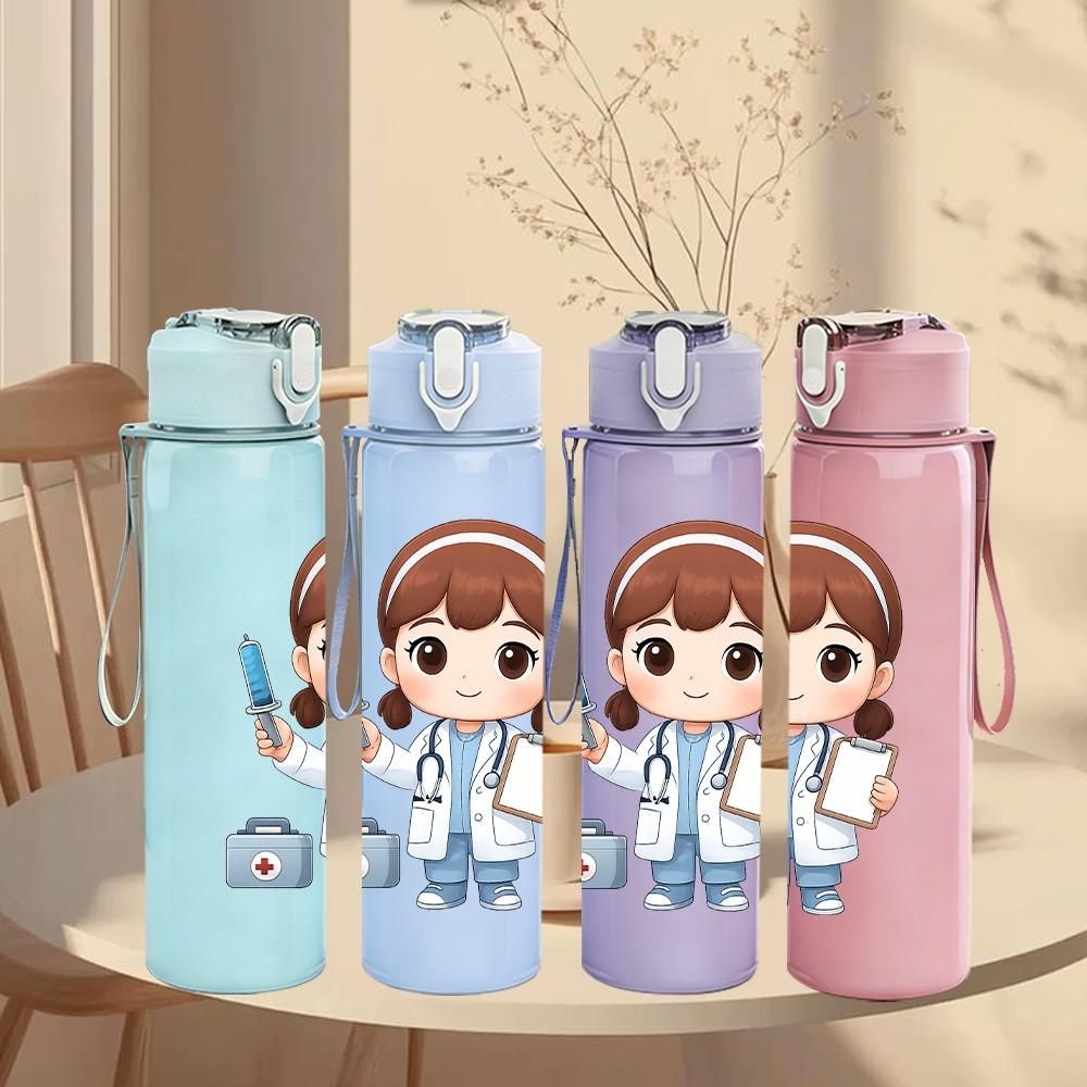 1PC Female Nurse Cartoon Art 750ml Color Plastic Sports Water Bottle Leakproof Flip Straw Lid Suitable for Sports Office Home Use
