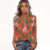 Women's Casual Christmas Print V-Neck Button-Front Three-Quarter Sleeve T-Shirt Top