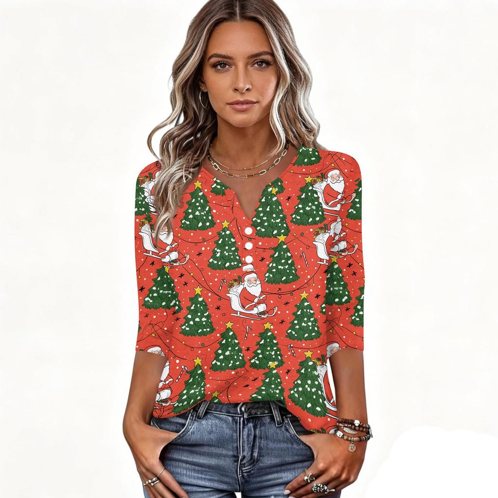 Women's Casual Christmas Print V-Neck Button-Front Three-Quarter Sleeve T-Shirt Top