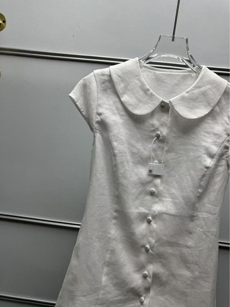 French Minimalist Linen Short-Sleeve Shirt with Elegant Doll Collar
