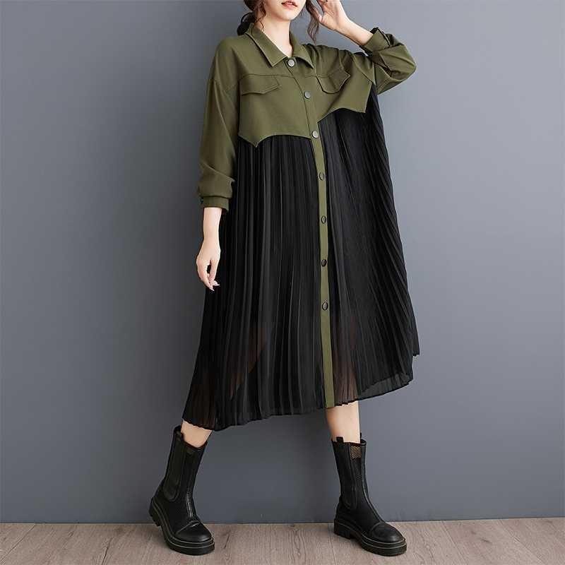 Niche Long Sleeve Loose Patchwork Pleated Dress