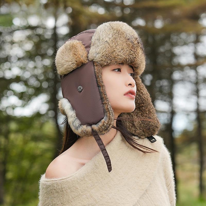 Hat Women's Winter New Rabbit Fur Warm Thickened Ear Protection Outdoor Riding Windproof and Coldproof Lei Feng Hat